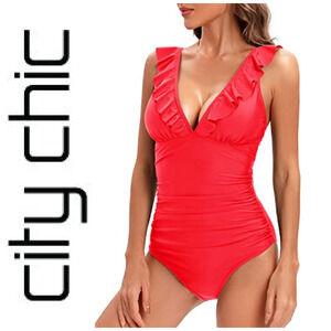 City Chic Plus Sz 18 M Red Ruffle Front One Piece Ruched Swimsuit Bathing Suit